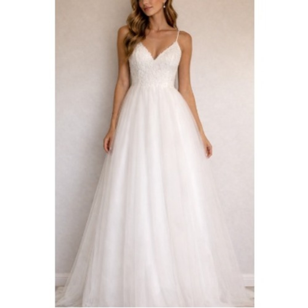 Stacees Women's Ivory‎ Lace Tulle V-Neck Low Back A-Line Wedding Dress NWT